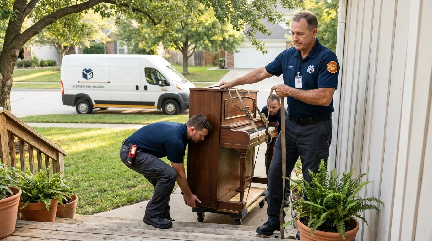Licensed piano movers securing grand piano in Marlborough, MA