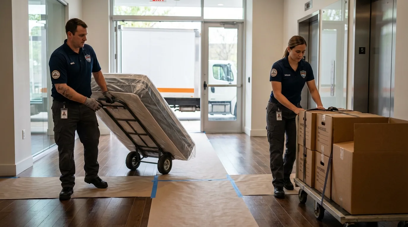 Professional apartment movers loading elevator in Marlborough, MA