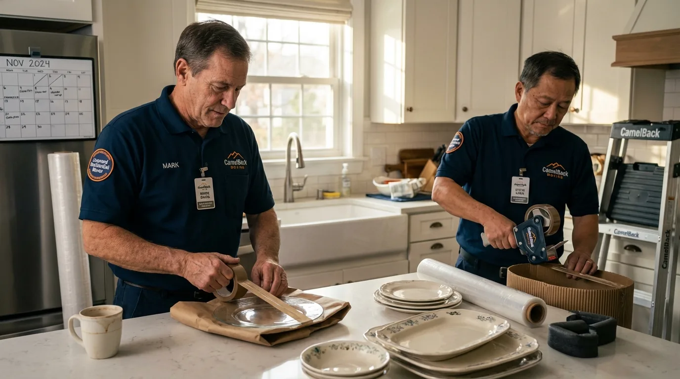 Professional crew packing kitchen dishware in Marlborough, MA
